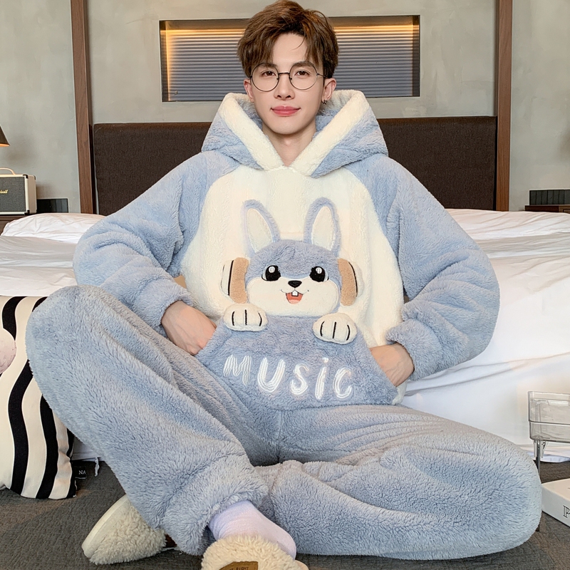 Men's Pajamas Autumn and Winter Thickeneded Coral Velvet Large Size Long-Sleeved Flannel Cartoon Men's Warm Suit Home Clothes
