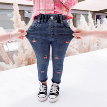 Girls jeans autumn new childrens pants elastic wear slim trousers foreign baby embroidered pencil pants