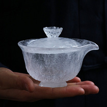 Three times the ancient glass cover bowl Ice crystal clear Lotus handmade frozen roasted tea cup burning Peng shape tea bowl