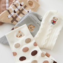 Day Ensemble Cute Sweet And Beautiful Middle Silo Socks Small Bear Embroidery Jacquard Regular Cartoon Thin stock Socks Girl Pure Cotton Students Fall