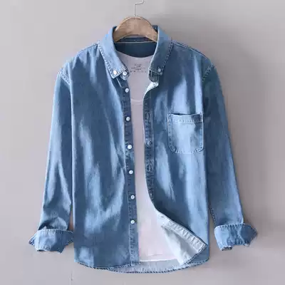 Spring and autumn thin retro washed denim shirt men's long sleeve loose casual shirt jacket Korean trend