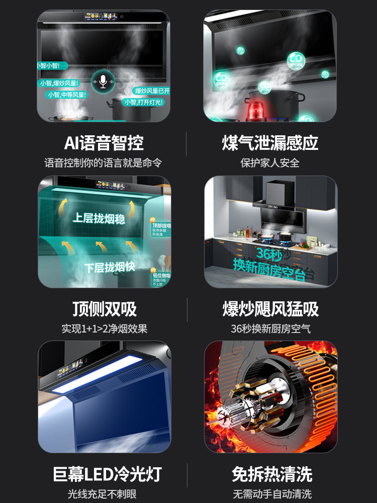 Haotaitai Ultra-Strong Suction Range Hood for Home Kitchen, No Need to Disassemble and Clean, 7-Shaped, Suitable for Top and Side Double Suction Range Hood