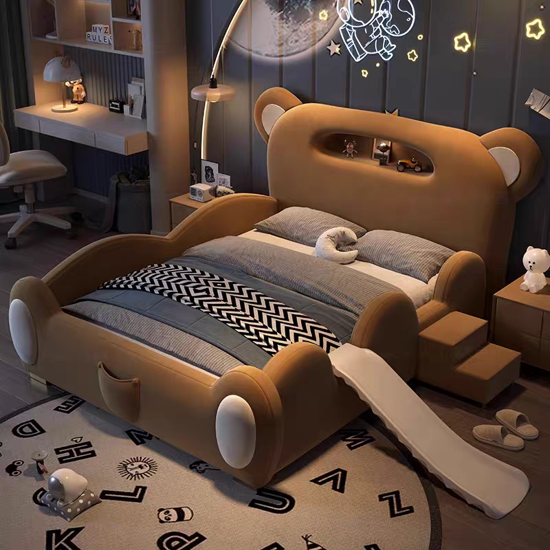 Children's Bed Guardrail Single Bed Modern Simple Girl Cartoon Bear Princess Bed Light Luxury Leather Bed Bedroom Boy's Bed