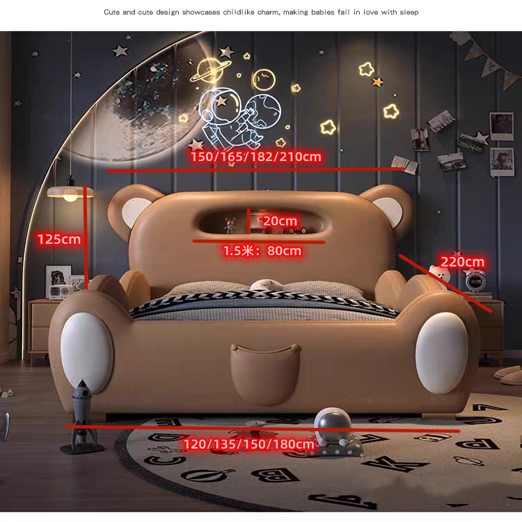 Children's Bed Guardrail Single Bed Modern Simple Girl Cartoon Bear Princess Bed Light Luxury Leather Bed Bedroom Boy's Bed