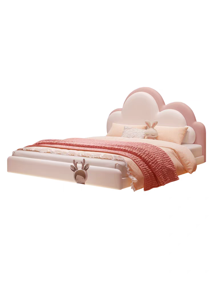 Pink Children's Bed Girl Princess Bed 1.35m Genuine Leather Floating Bed Internet Celebrity Dreamy Girl 1.5m Cloud Bed