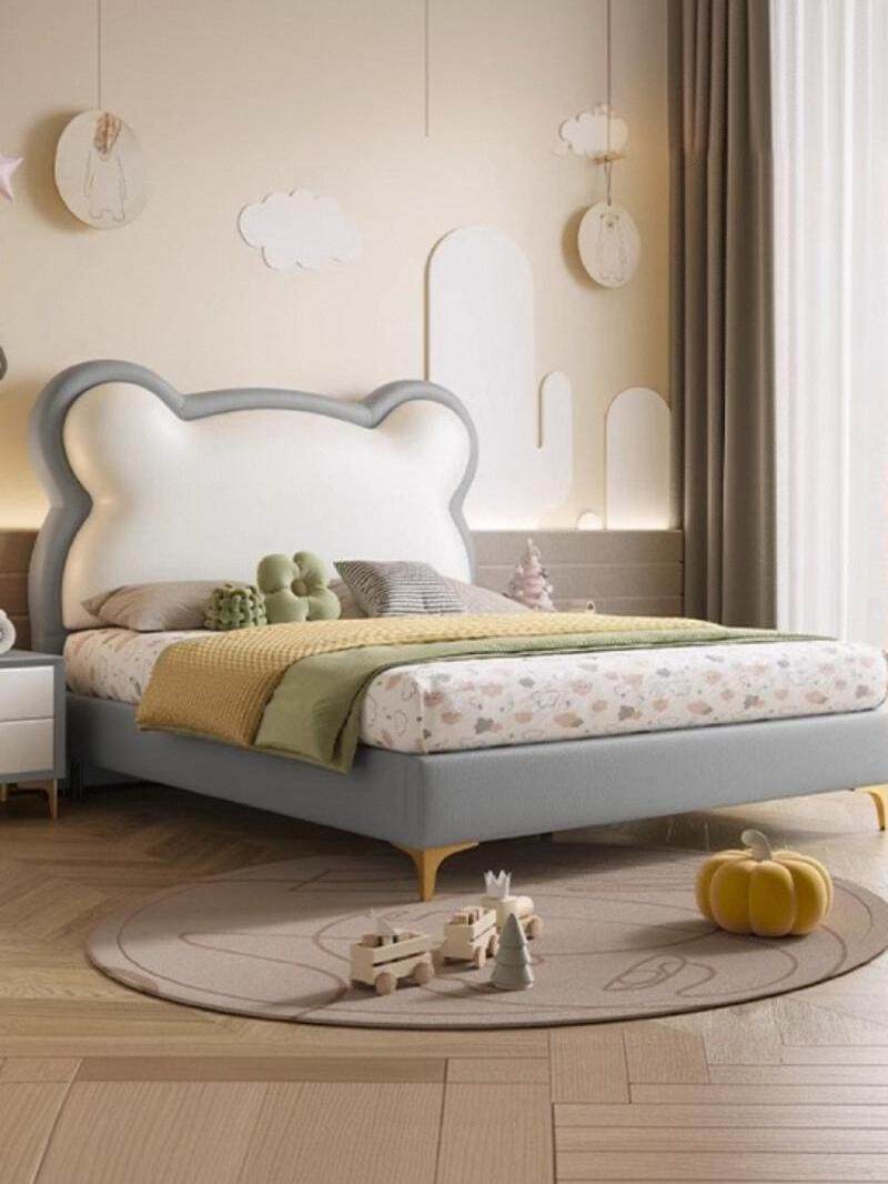 French-Style Cream-Colored 1.5m Cartoon Simple Children's Bed for Boys and Girls, Master and Secondary Bedrooms, Storage Leather Bed, Panda Upholstered Bed