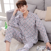 Bộ đồ ngủ cotton mùa xuân nam dài tay thanh niên hai mảnh phù hợp với trung niên áo len cotton mỏng dệt kim cotton