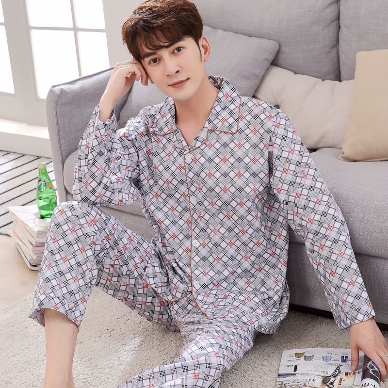 Bộ đồ ngủ cotton mùa xuân nam dài tay thanh niên hai mảnh phù hợp với trung niên áo len cotton mỏng dệt kim cotton kiểu đồ bộ đẹp