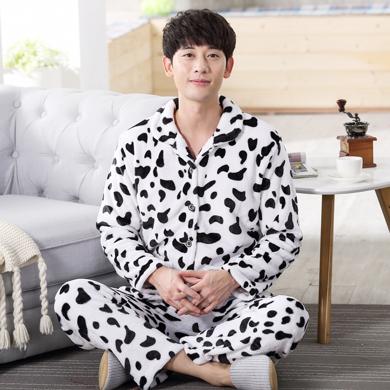 Mùa thu và mùa đông flannel đồ ngủ nam dày san hô lông cừu đồ ngủ thanh niên phục vụ nhà sinh viên cardigan phù hợp với XL đồ ngủ nam hàn quốc