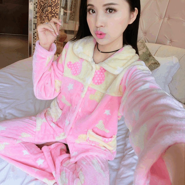 Phiên bản Hàn Quốc của mùa thu và mùa đông flannel giải phóng bộ đồ ngủ của phụ nữ dài tay nhung san hô do bo dep