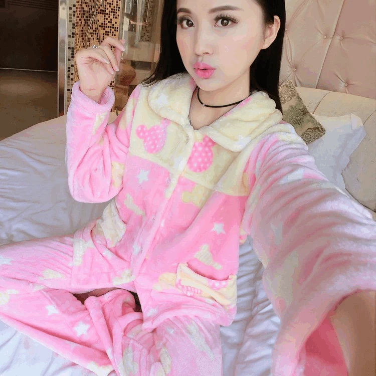 Phiên bản Hàn Quốc của mùa thu và mùa đông flannel giải phóng bộ đồ ngủ của phụ nữ dài tay nhung san hô thời trang nữ cao cấp