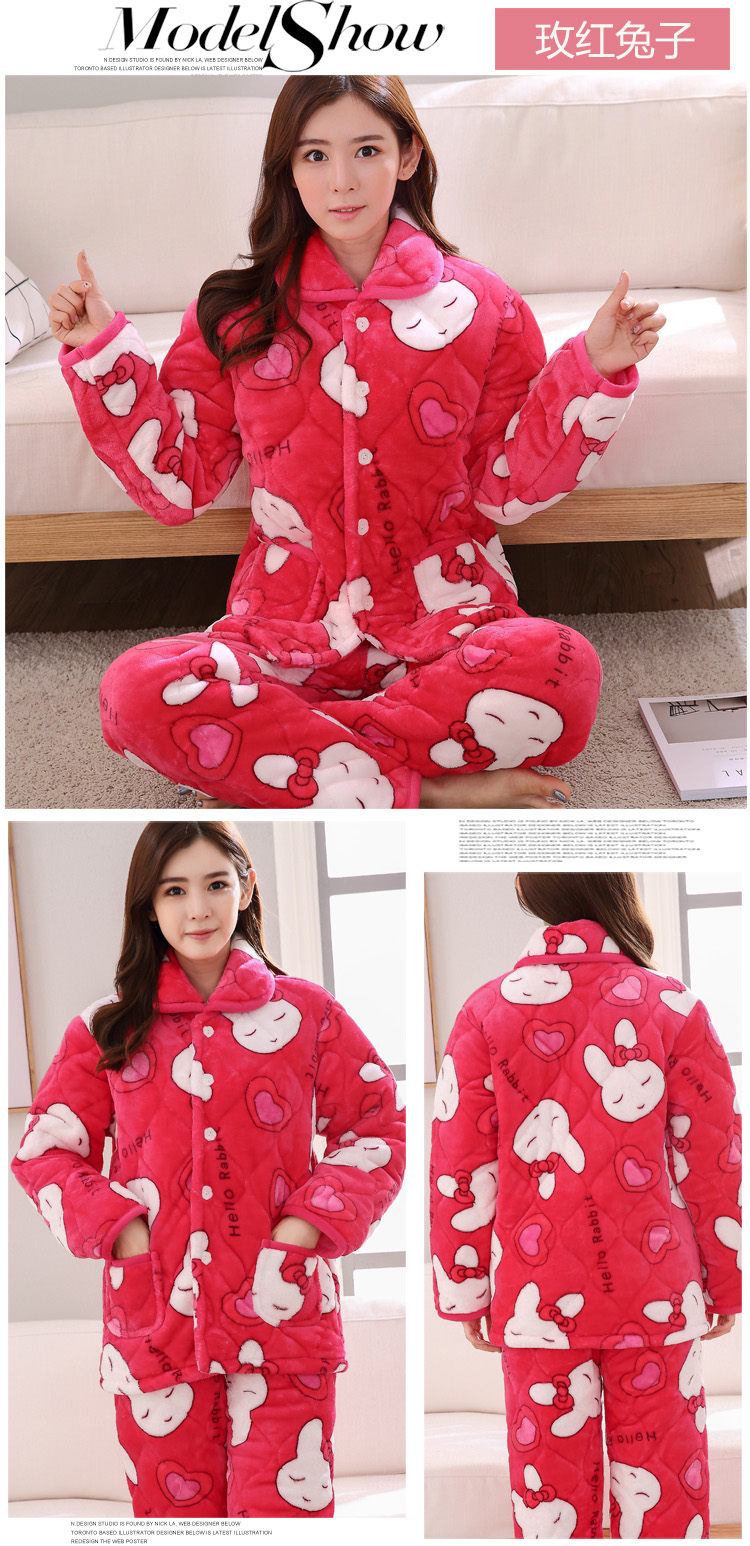 Đồ ngủ ba lớp chần bông phụ nữ dày mùa thu và mùa đông san hô nhung đồ ngủ flannel cotton áo ấm dịch vụ nhà phù hợp với phim hoạt hình thời trang trung niên u50