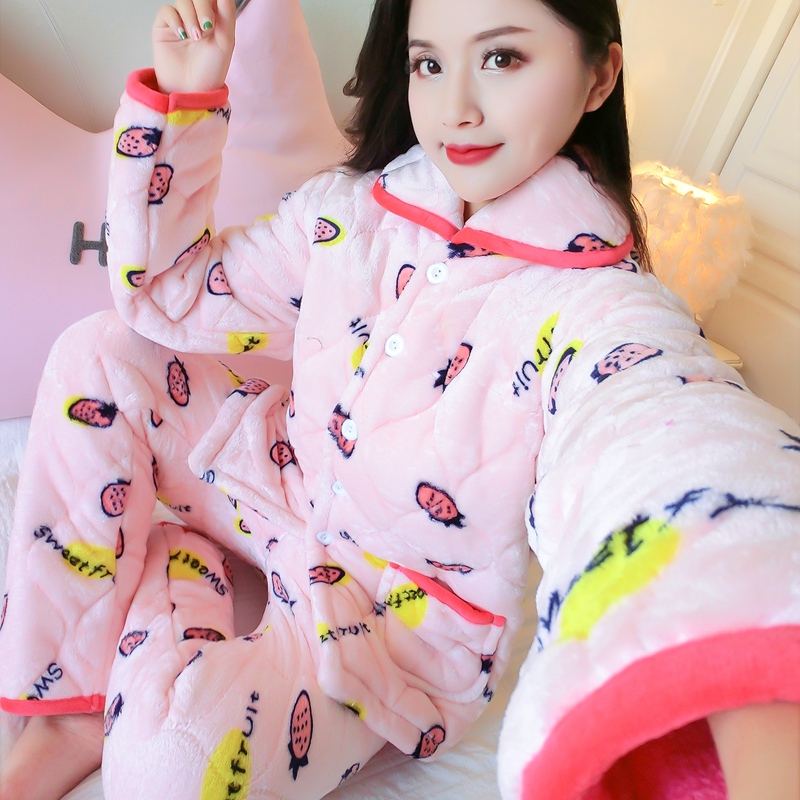 Mùa thu và mùa đông san hô lông cừu bộ đồ ngủ phụ nữ dài tay ba lớp dày flannel dịch vụ nhà phù hợp với áo khoác cotton dễ thương kích thước lớn đồ bộ mặc nhà bằng vải thun