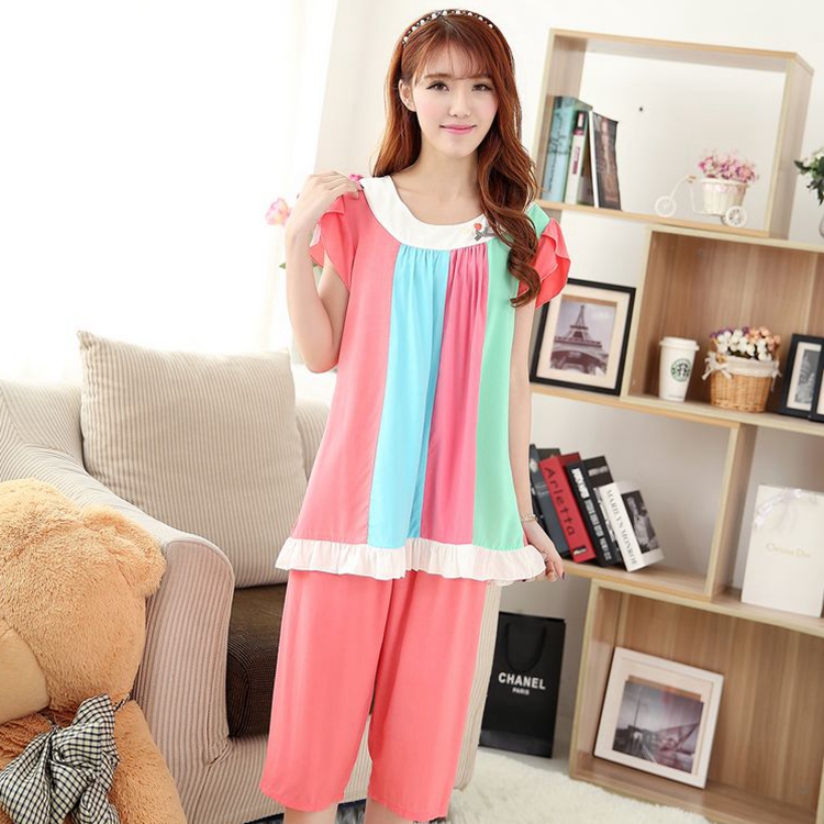 Bông lụa đồ ngủ của phụ nữ mùa hè ngắn tay quần short cotton lụa phù hợp với Hàn Quốc phiên bản của bông nhân tạo phần mỏng trung niên dịch vụ nhà XL