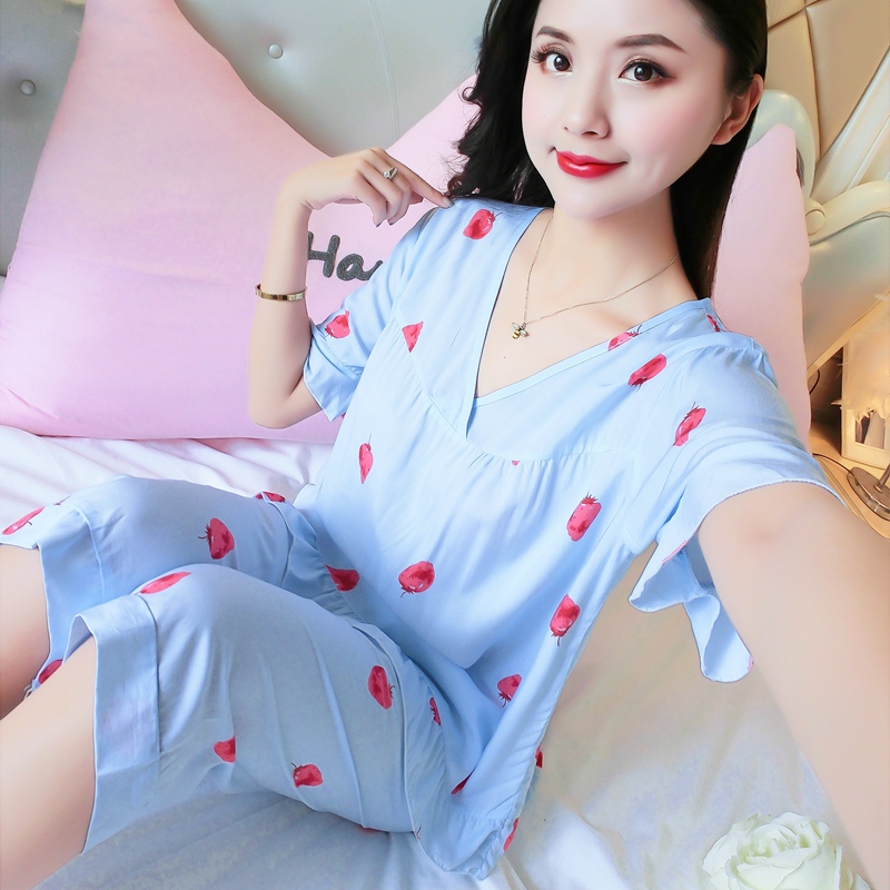 Bông lụa đồ ngủ của phụ nữ mùa hè ngắn tay quần short cotton lụa phù hợp với Hàn Quốc phiên bản của bông nhân tạo phần mỏng trung niên dịch vụ nhà XL