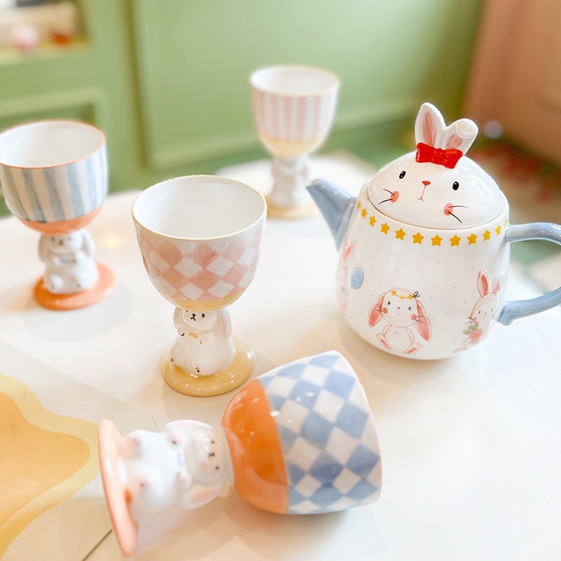 HoneyMee French style cute ceramic afternoon tea set suit creative hand-painted rabbit mark sweet high foot cup-Taobao
