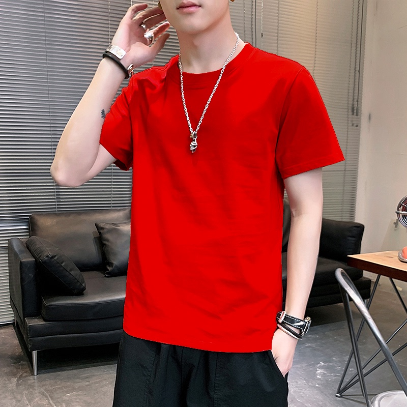 Pure Cotton Men's Short-Sleeved T-Shirt, Round Neck, Pure Black, White, and Red Half-Sleeve Top, New Summer Loose-Fitting Base Shirt