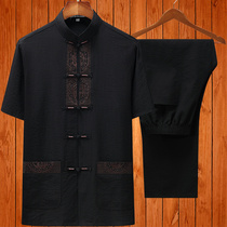Summer middle-aged and elderly cotton linen Tang suit mens short sleeve Chinese style linen suit half sleeve Hanfu grandfather size father dress