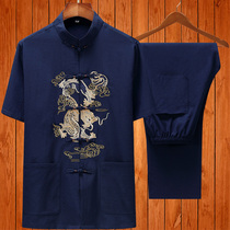 Summer Chinese style middle-aged and elderly people Tang suit mens short sleeve suit cotton linen grandpa large size