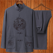 Spring and Autumn Flax Tang suit Mens Suit Middle-aged Elderly Long Sleeve Shirt Chinese Buckle Embroidery Hanfu Large Size Dad Dress