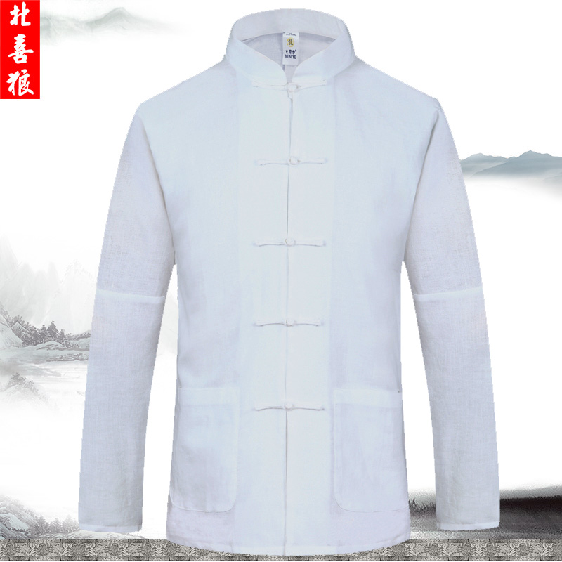 Spring and summer thin men's cotton and linen Tang suit men's buckle Chinese style linen long-sleeved shirt loose top bottoming shirt
