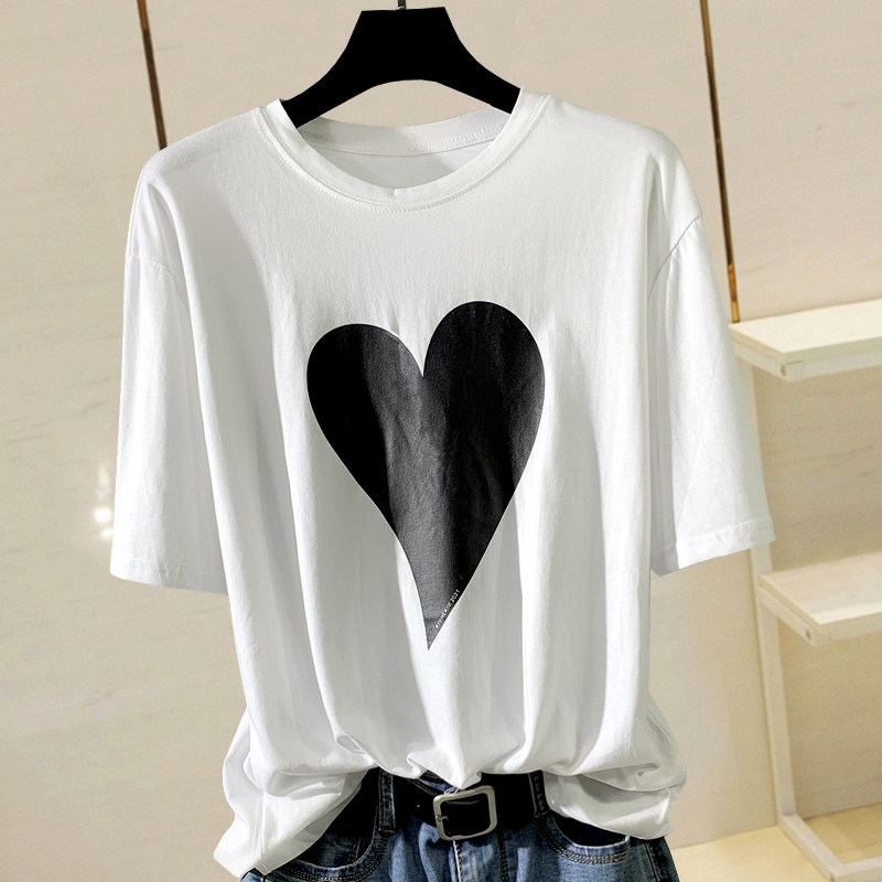 White T-shirt woman short sleeve 2021 Spring summer new peach heart blouse Euros net red design Feeling Foreign Pie Undershirt