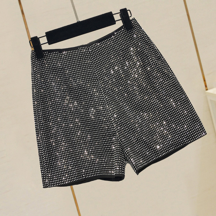 2022 summer Korean version of heavy industry hot drill high waist shorts women's internet celebrity all-match casual black slim wide-leg pants trendy