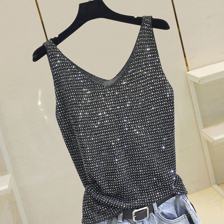 New Korean version Heavy workover knitted harness inner lap suit beating undershirt sleeveless outside wearing bright silk small vest blouse