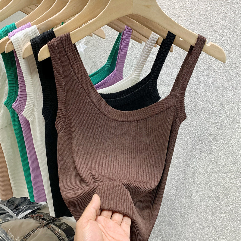 Net red sexy oblique shoulder knitted camisole female summer suit with a slim bottoming shirt chic top ins tide