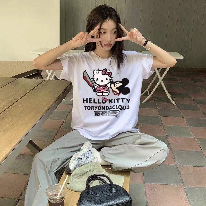 Rtvg Hellokitty Hello Kitty Printed American Trendyy Men and Women Couples Summer ins Loose Short-Sleeved T-Shirt