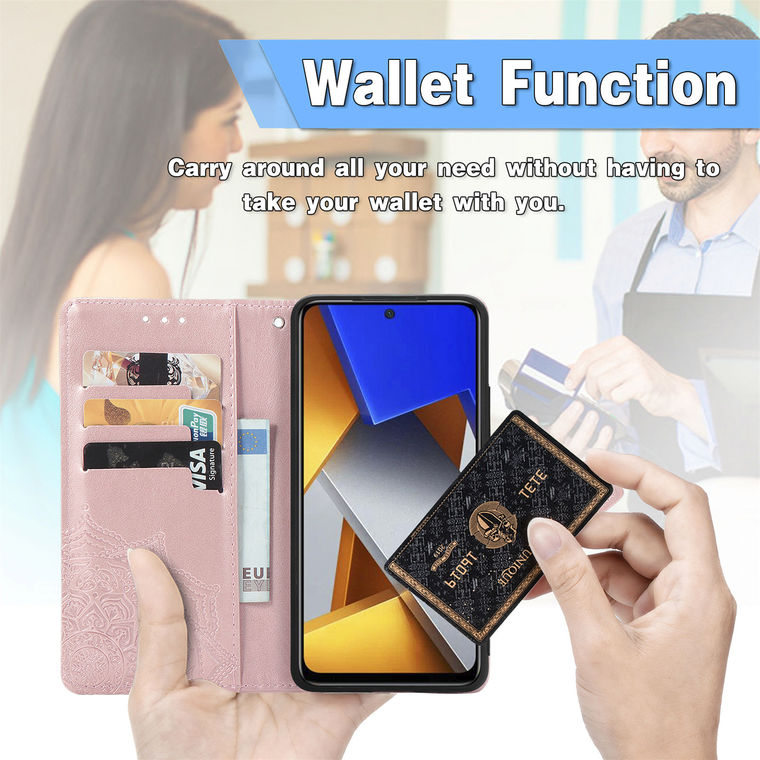 POCO M4 Pro Wallets Folio Flip Embossed Mandala Flower Magnetic Synthetic Leather Card Holder Folding Stand Phone Case