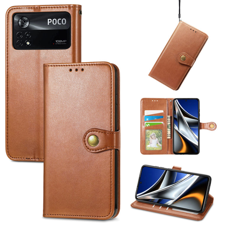 POCO M4 Pro Wallets Folio Flip Rivet Magnetic Synthetic Leather Card Holder Folding Stand Phone Case