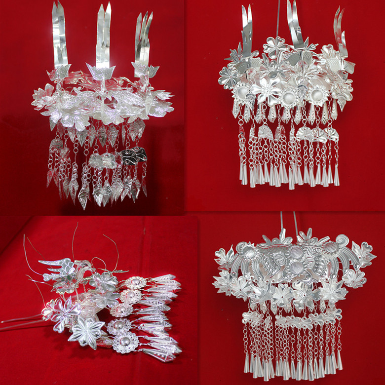 Miao and Dong ethnic silver headdress court style step hairpin crew costume bride stage headdress long tassel hair cake