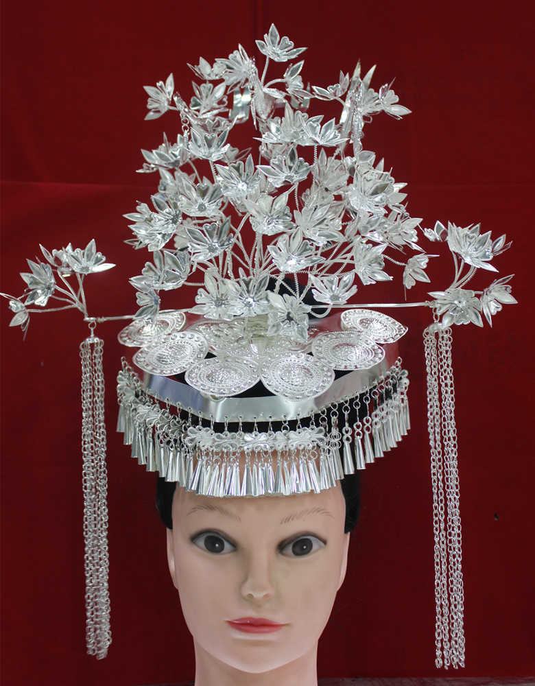 Miao head hairpin hat Item ring bracelet Miao ethnic silver decoration stage performance clothing Exaggerated Atmosphere New Floral Hairpin