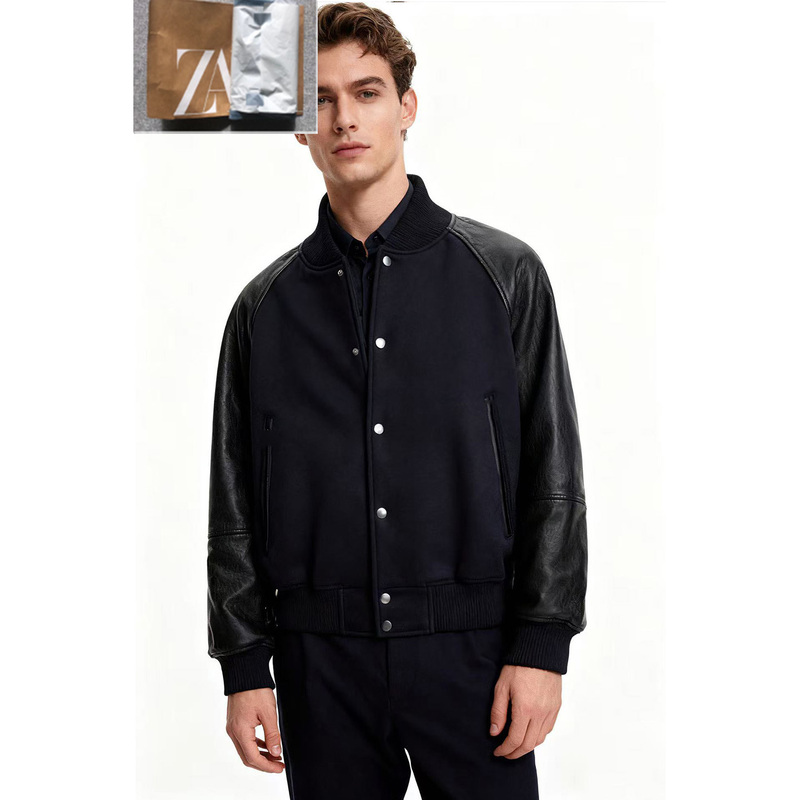 Za2025 Autumn New Men's Clothing Patchwork Leather Sleeve Stand Collar Loose Jacket Coat Top Cool and Handsome 5388304