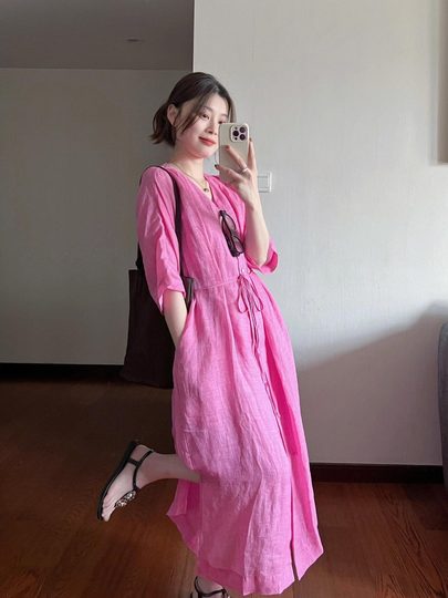 Marque retirée vêtements pour femmes comptoir coton et lin chemise rayée cardigan ramie robe été français col en v jupe longue