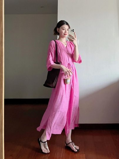 Marque retirée vêtements pour femmes comptoir coton et lin chemise rayée cardigan ramie robe été français col en v jupe longue