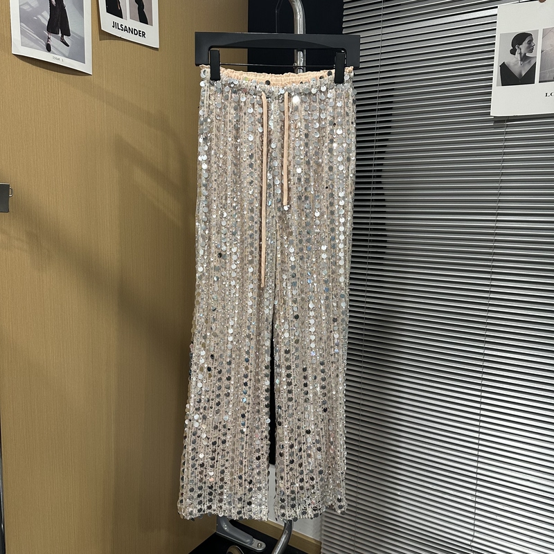 Heavy Sequin Sparkling Wide-Leg Pants for Women, High-Waisted Drawstring Drape, Party Atmosphere, Bling Floor-Length Pants