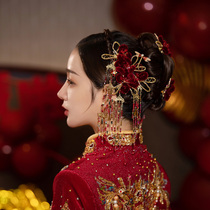 Chinese bridal headdress wine red flannel costume handmade wedding Dragonfly tassel Hanfu Xiuhe clothing wedding hair accessories