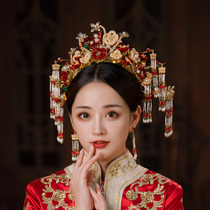 Bride Chinese phoenix crown velvet flower classical bead tassel Super fairy ancient style Hanfu wedding dress red show hair accessories