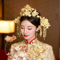 Golden show headdress atmospheric phoenix crown tassel hair hairpin classical wedding costume dragon and phoenix coat Bride wedding hair accessories