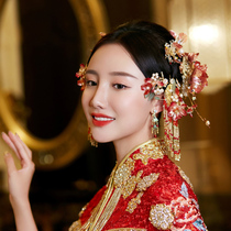  Chinese bridal headdress gorgeous suit Red handmade wedding floral liquid Xiuhe clothing costume wedding photo hair accessories