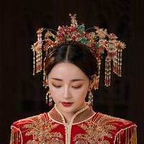 Chinese bridal headwear wedding hair ornaments ancient style national tide red and green beaded classical tassel phoenix crown atmospheric Xiuhe jewelry