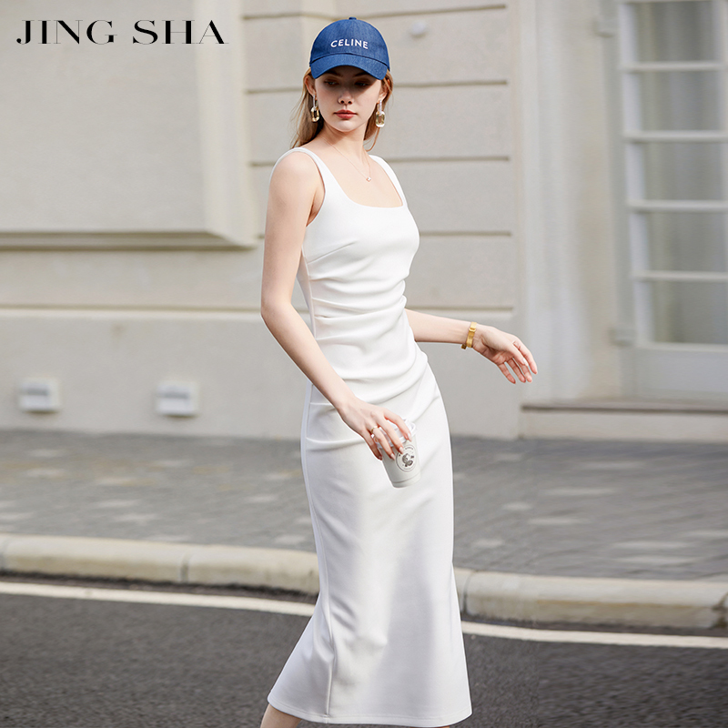 White Spaghetti Strap Dress for Women, 2026 Summer New Style, French Elegant, Slim Fit, Waist-Cinching, Slimming, Sexy, Bodycon Long Dress