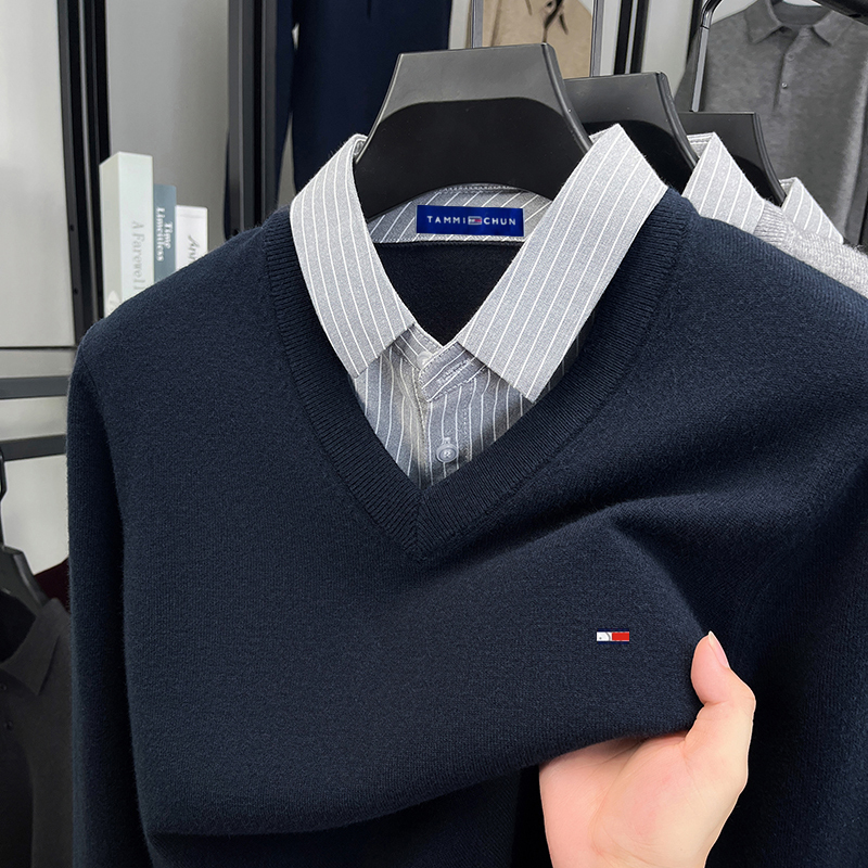 Tommy Pure Wool Sweater for Men, Autumn and Winter Thickened Style, Shirt Collar, Faux Two-Piece Sweater, Comfortable and Warm Knitted Base Layer