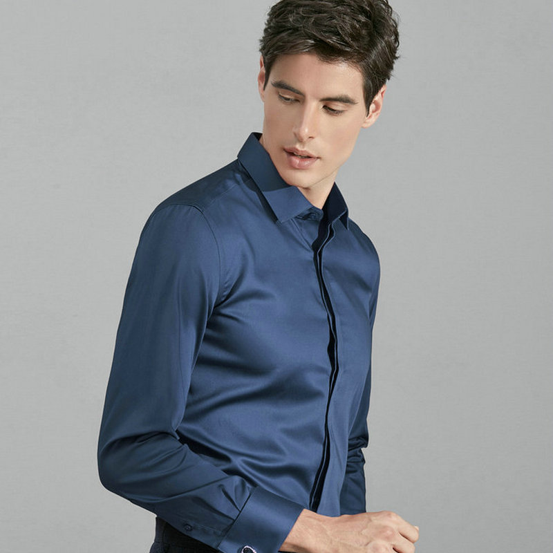 Men's Mercerized Cotton French Turtleneck Long-Sleeved Shirt, Light Luxury, No-Iron, Slim Fit, Pure Cotton Business Formal Gentleman's Shirt