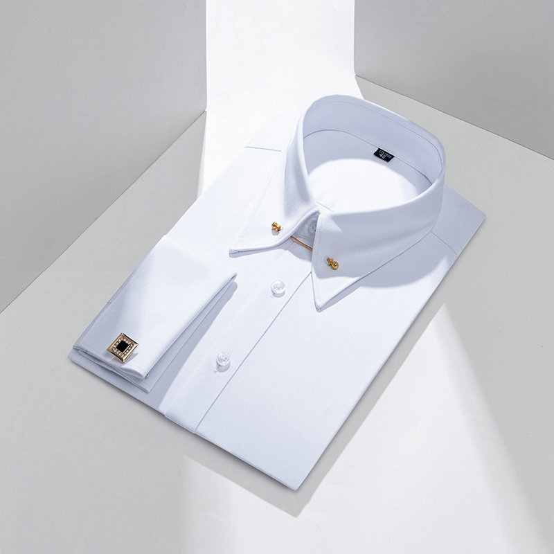 Men's Empire Collar French Cuff Long-Sleeve Shirt Business Formal Wear Gentleman's Tie Pin Large Pointed Collar Stretch Shirt