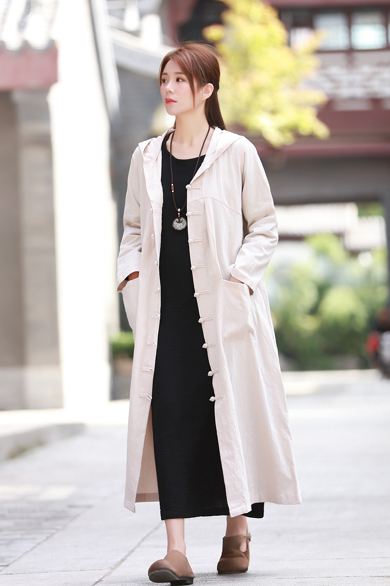 Ảnh du lịch phải có áo mùa xuân và mùa hè bằng vải cotton và vải lanh của phụ nữ nguyên bản retro trùm đầu áo choàng siêu dài áo gió dài - Trench Coat áo ấm
