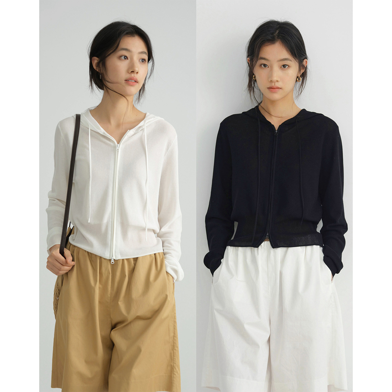 Zhihua/Sportychic_High-Proportion Triacetate Double-Zipper Hooded Sporty Short Cardigan Sun Protection Shirt