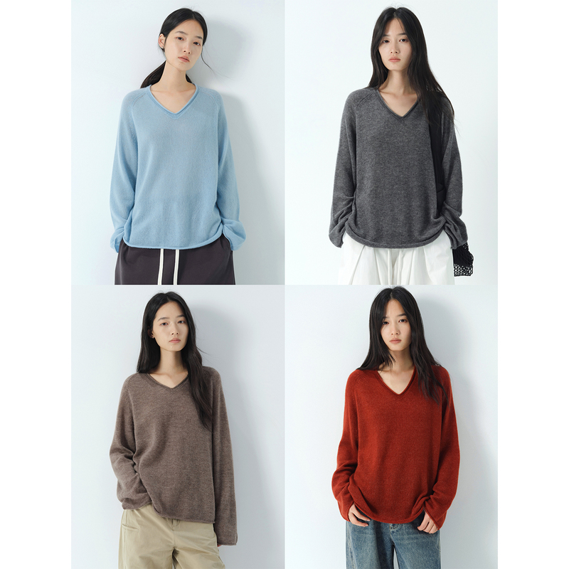 Zhihua/Relaxed and Stylish_Herbalife Silk Wool Cashmere Lightweight Soft V-Neck Loose Rolled Edge Knit Sweater for Women